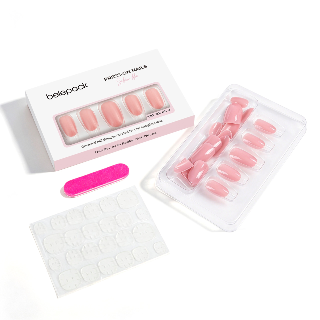 BP012 kit contents with 24 press-on nails, adhesive tabs and a nail file
