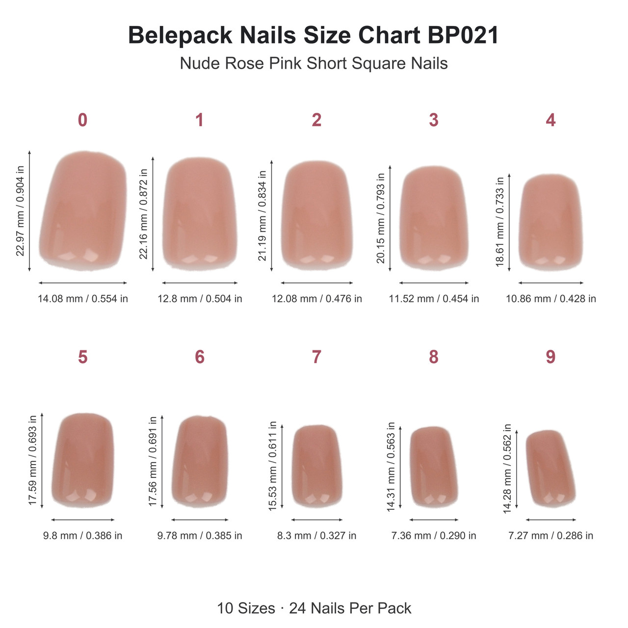 BP021 size chart with 10 nail sizes, length and width in mm and inches