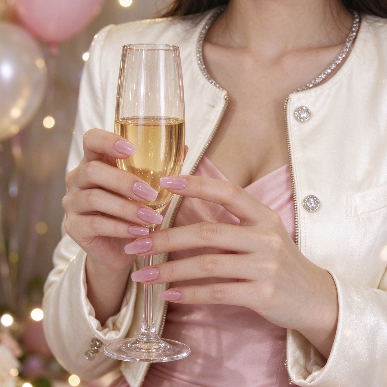 BP008 Nude Pink Shimmer Short Square Press-On Nails — nail design on hands in the original photographer scene