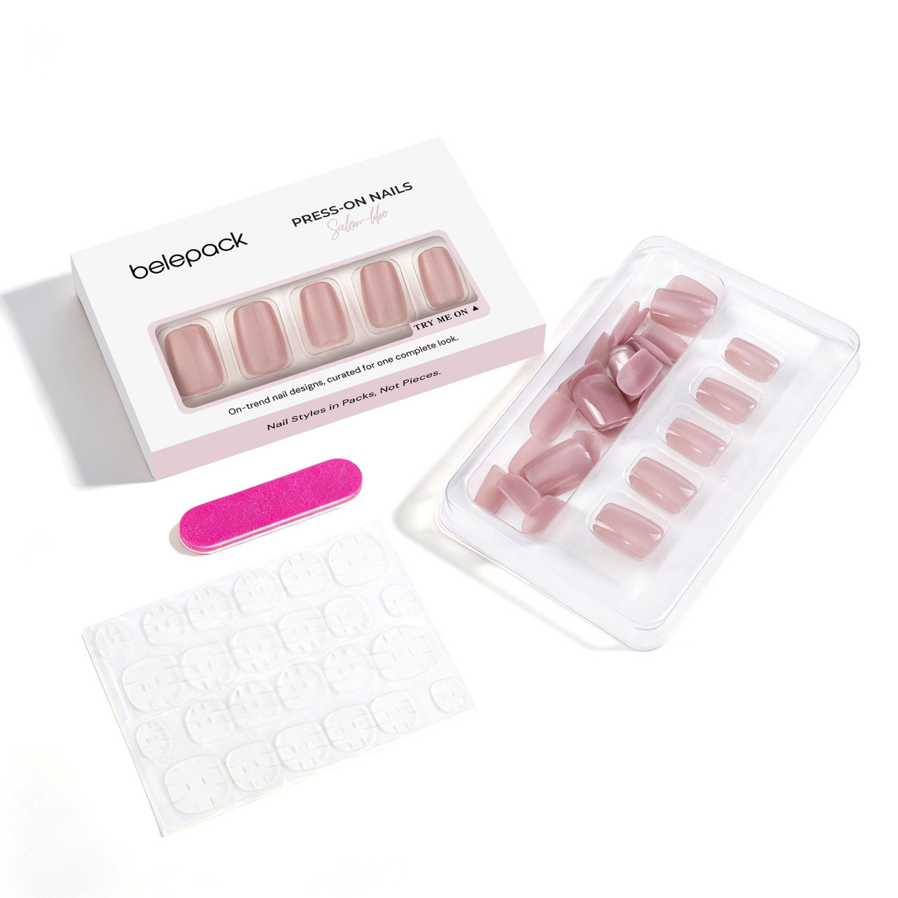BP008 Nude Pink Shimmer Short Square Press-On Nails — complete set contents: press-on nails, adhesive tabs and nail file