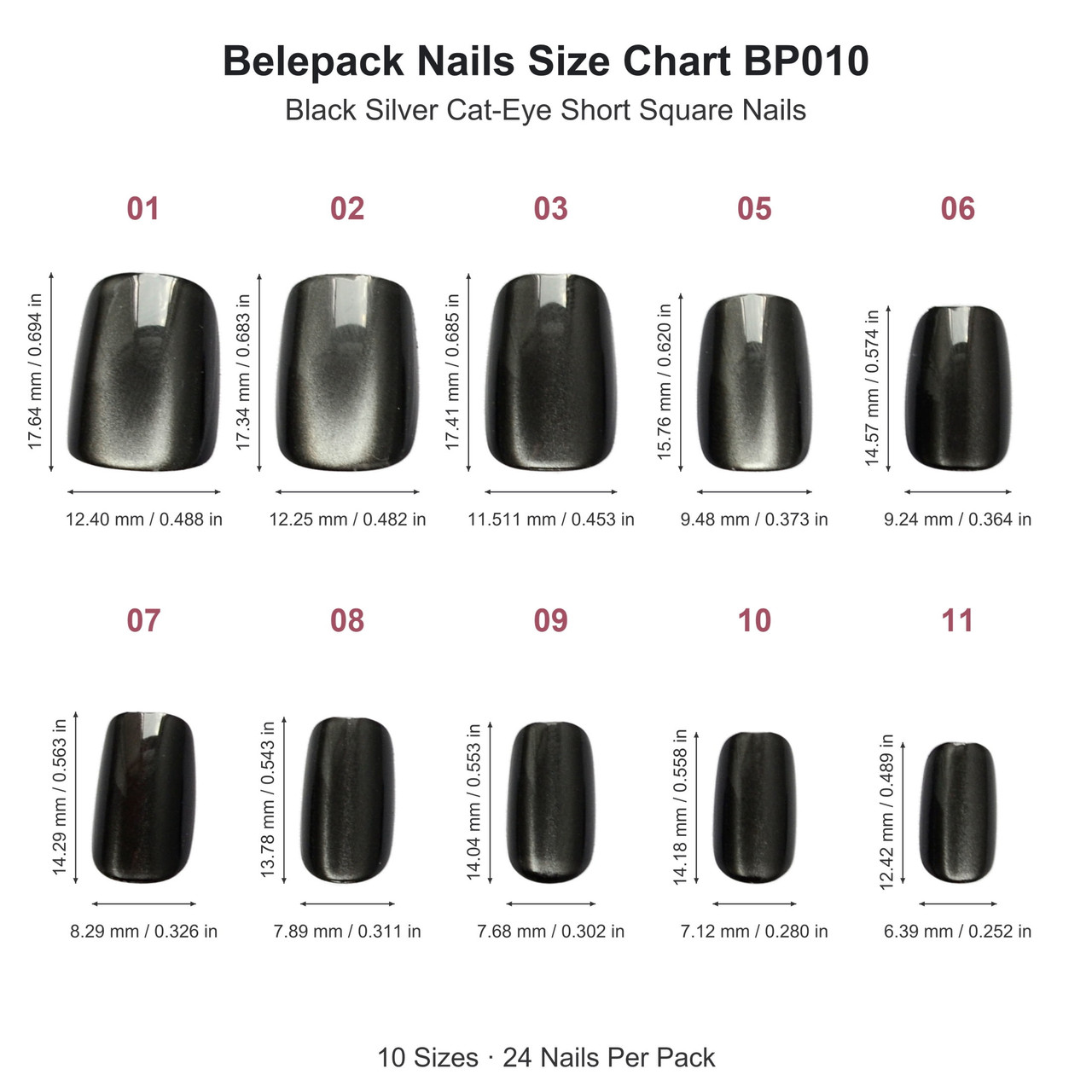BP010 Black and Silver Shimmer Short Square Press-On Nails — size chart with individual nail length and width in millimeters and inches