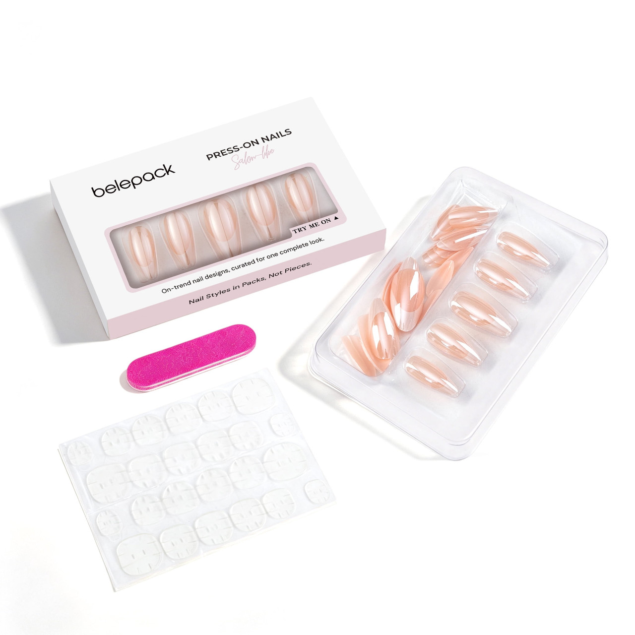 BP015 Pink Reflective French Tips Almond Press-On Nails — complete set contents: press-on nails, adhesive tabs and nail file