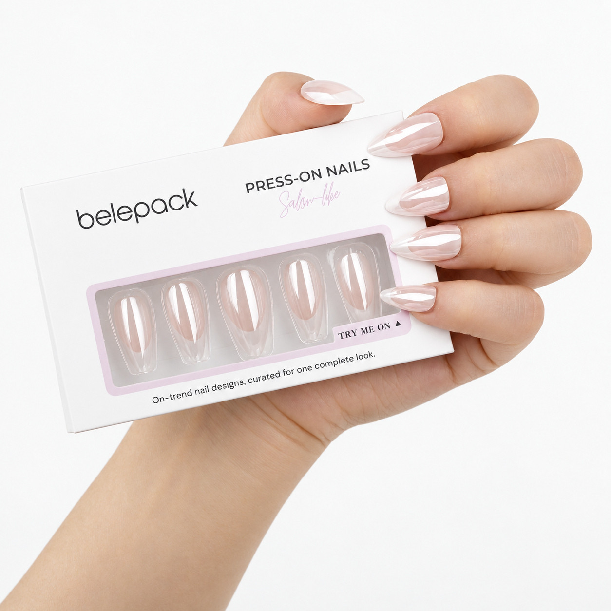 BP015 Pink Reflective French Tips Almond Press-On Nails — hand-held Belepack package styling scene