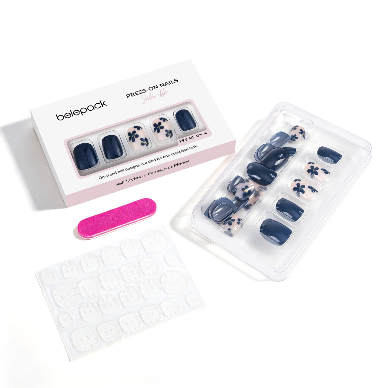 BP067 Navy Floral Short Square Nails — complete contents: press-on nails, adhesive tabs and nail file