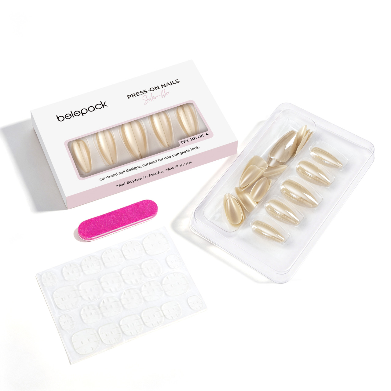 BP041 Champagne Pearl-Look Almond Nails — complete contents: press-on nails, adhesive tabs and nail file