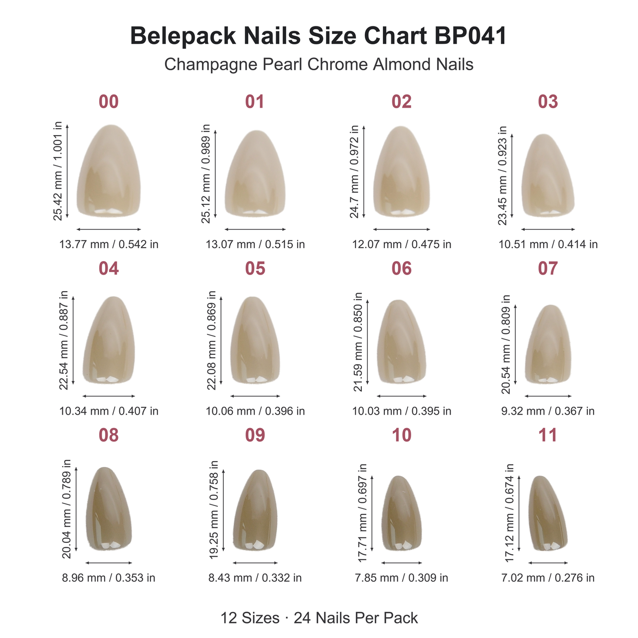 BP041 Champagne Pearl-Look Almond Nails — individual nail length and width chart in millimeters and inches