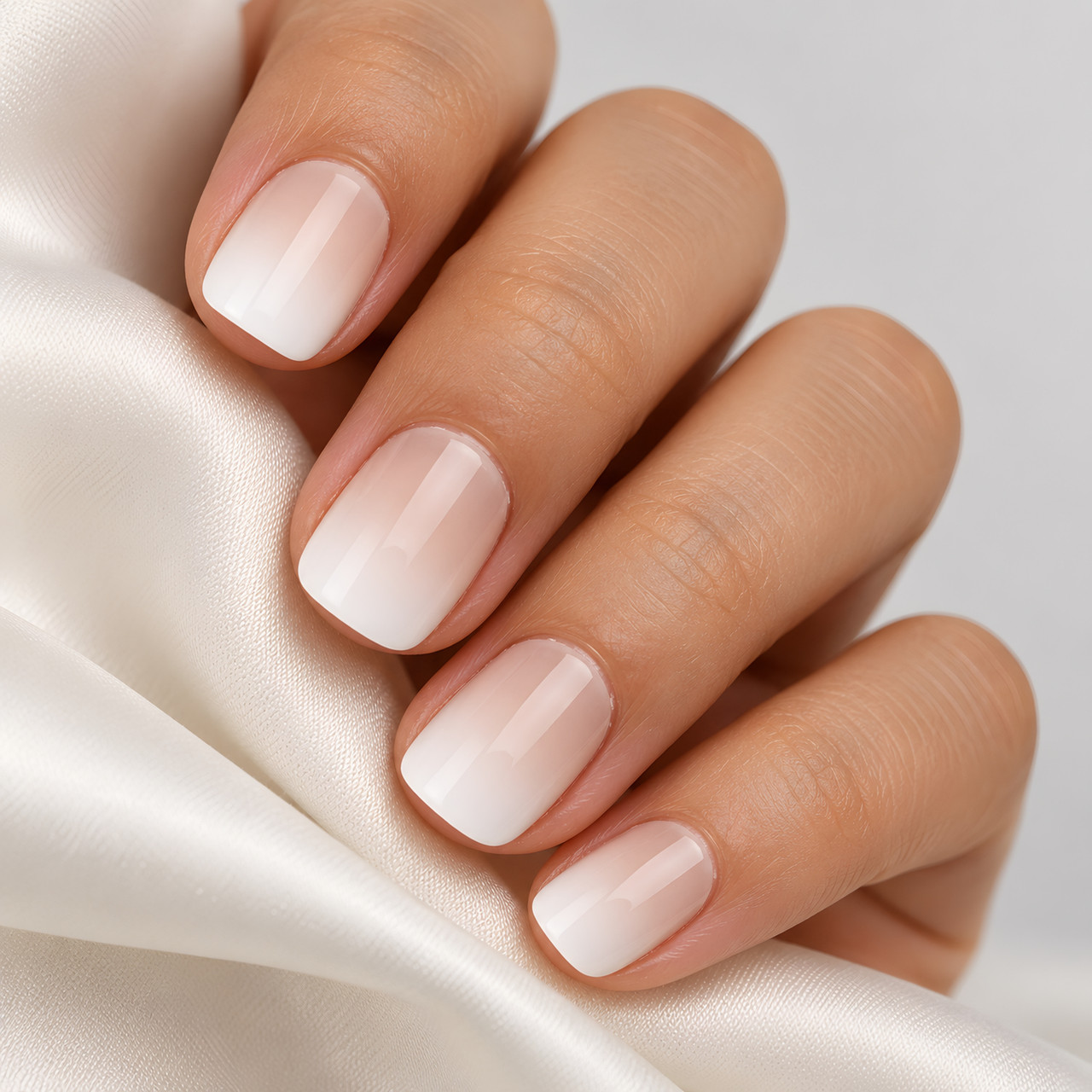 Close-up of the nude-to-white gradient and softly rounded square tips