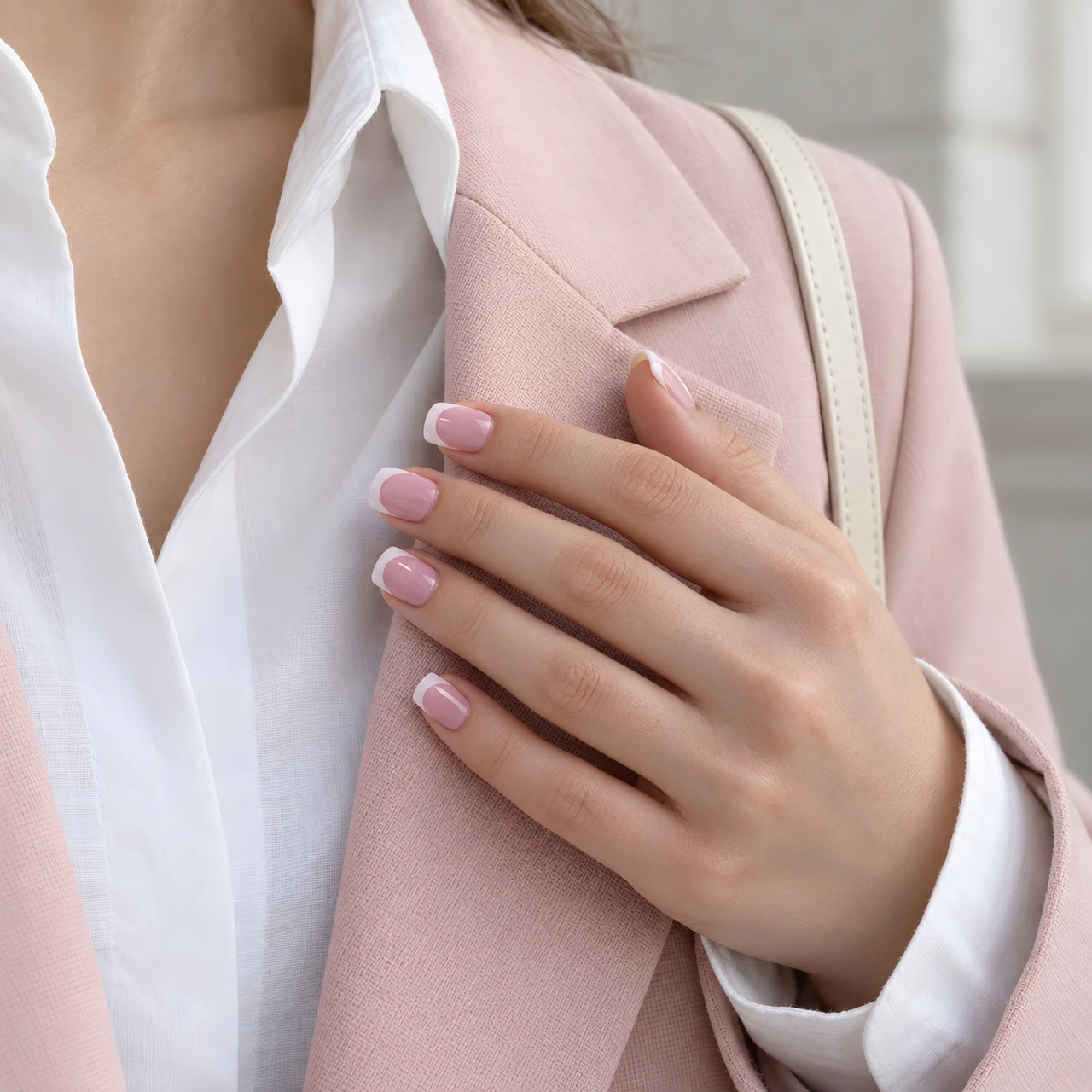 Pink French tip short square nails styled with a neutral outfit