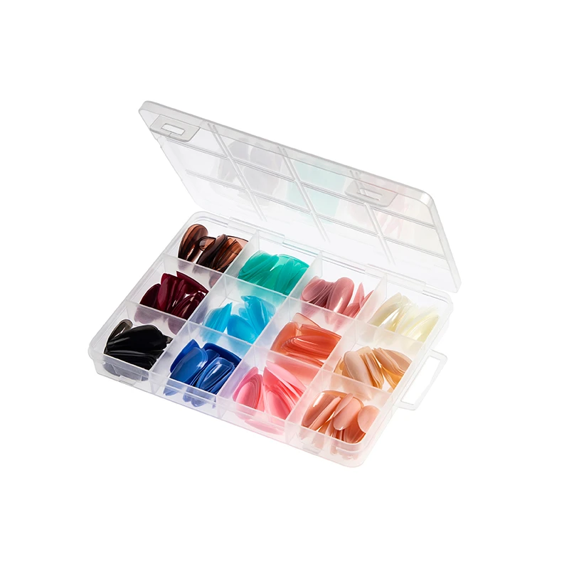 Multicolor short almond nail tips in the BPN09 divided box