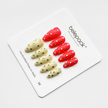 Belepack BLP033 Red & Cream Gemstone nails in a 45-degree artisan view showing the full sparkle of hand-set clear crystals over 5+ layers of professional gel.