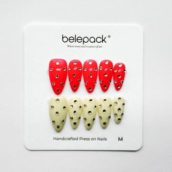 Wholesale specification view for BLP033 showing the 10pc set in M size with red and cream base colors and all-over 3D gemstone embellishments for salon distribution.