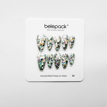 Full 10pc set of BLP036 Silver Holo nails in M size with professional packaging and brand logo for boutique inventory.