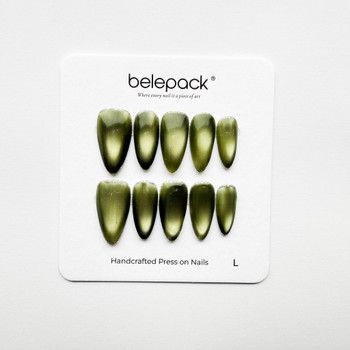 Olive green shimmer press-on nails on a product card marked size L.