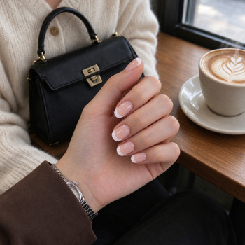 BP030 nude French tip short oval nails worn on a hand