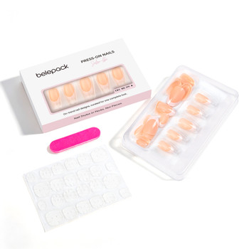 BP030 kit contents with 24 press-on nails, adhesive tabs and a nail file