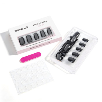 BP010 Black and Silver Shimmer Short Square Press-On Nails — complete set contents: press-on nails, adhesive tabs and nail file