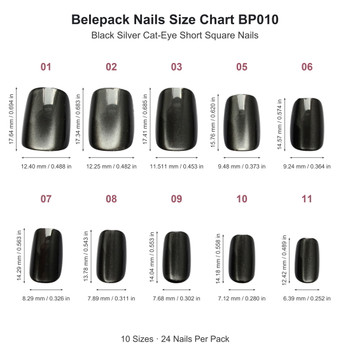 BP010 Black and Silver Shimmer Short Square Press-On Nails — size chart with individual nail length and width in millimeters and inches