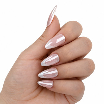 BP015 Pink Reflective French Tips Almond Press-On Nails — side-angle nail styling scene