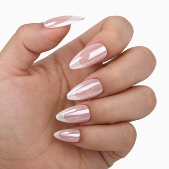 BP015 Pink Reflective French Tips Almond Press-On Nails — close-up nail design poster