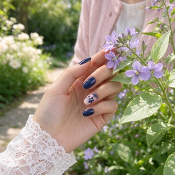 BP067 Navy Floral Short Square Nails — nail design on hands in the original photographer scene