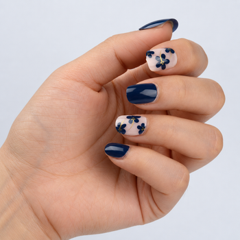 BP067 Navy Floral Short Square Nails — side-angle nail styling scene