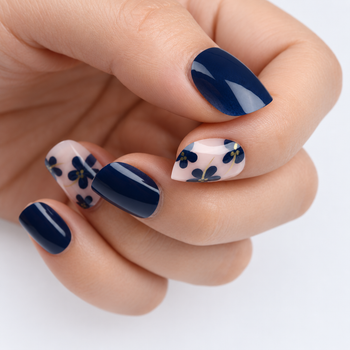 BP067 Navy Floral Short Square Nails — close-up nail design poster