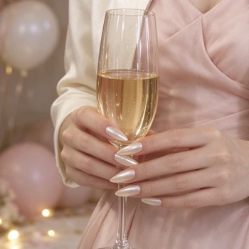 BP041 Champagne Pearl-Look Almond Nails — nail design on hands in the original photographer scene
