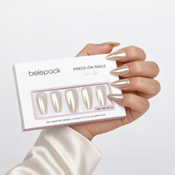 BP041 Champagne Pearl-Look Almond Nails — hand-held Belepack package styling scene