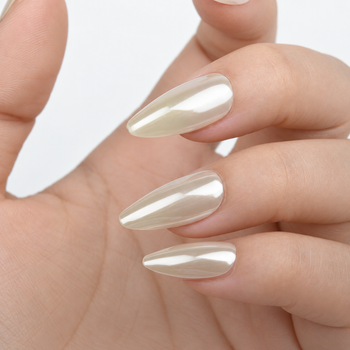 BP041 Champagne Pearl-Look Almond Nails — close-up nail design poster