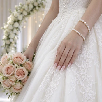 BP040 White French Tip Almond Nails — nail design on hands in the original photographer scene