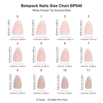 BP040 White French Tip Almond Nails — individual nail length and width chart in millimeters and inches