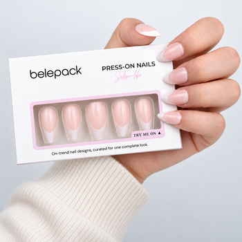 BP040 White French Tip Almond Nails — hand-held Belepack package styling scene