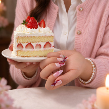 Burgundy cherry and floral almond nails styled with a pink sleeve