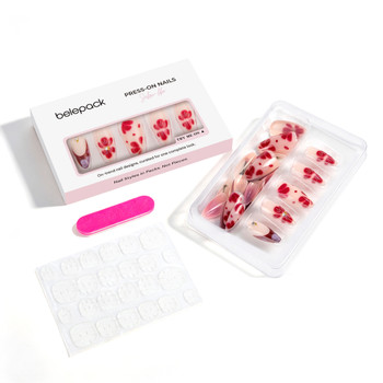 24 almond nails with cherry and floral designs, adhesive tabs and file