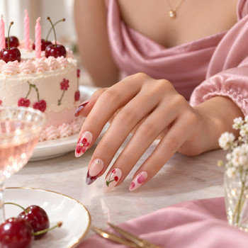 Cherry floral almond manicure paired with a soft pink outfit