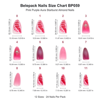 Almond nail size chart in mm and inches, 12 sizes