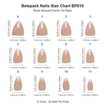BP019 size chart with 12 nail sizes, length and width in mm and inches