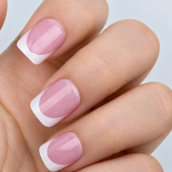 Close-up details of pink bases and white French borders on short square nails