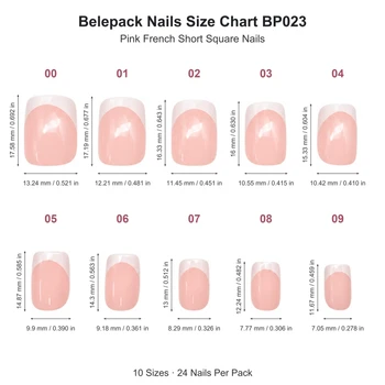 BP023 size chart with 10 sizes, length and width in mm and inches