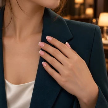 Angled view of warm pink French tip short square nail shape and free edges