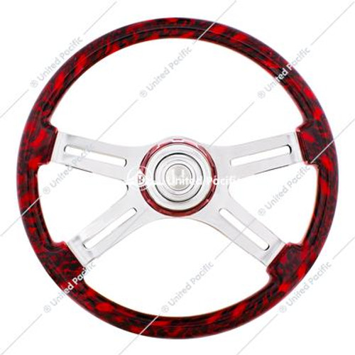 18" 4 Spoke Skull Steering Wheel With Matching Skull Horn Bezel - Red