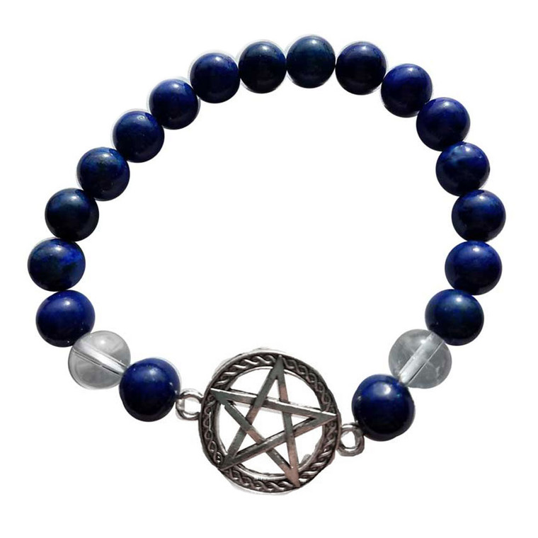 Lapis and Quartz Round Bead Bracelet with Pentagram