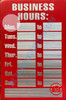 BUSINESS HOURS SIGN- RED WITH BRUSHED ALUMINUM LETTERS