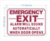 FD EMERGENCY EXIT ALARM WILL SOUND AUTOMATICALLY WHEN DOOR OPENS SIGN