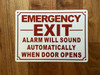 EMERGENCY EXIT ALARM WILL SOUND AUTOMATICALLY WHEN DOOR OPENS SAFETY SIGN