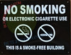 NYC Smoke Free Act "No Smoking or Electric Cigarette UseBuilding Sign