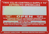 THIS VALVE CONTROLS SUPPLY TO AUTOMATIC SPRINKLERS Safety Sign