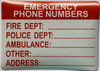 EMERGENCY PHONE NUMBERS Decal/STICKER Fire Deparment Sign EMERGENCY PHONE NUMBERS Decal/STICKER Fire Deparment Sign