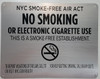 NYC Smoke Free Act  "No Smoking or Electric Cigarette Use"-for Establishment Sign