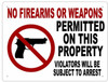 No Firearms or Weapons permitted on this property  ( Aluminum 116) Signage